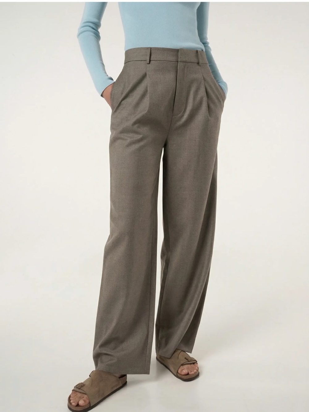 Andrea Tang 100% Wool Taupe High-Waist Wide-Leg Pleated Pants Medium